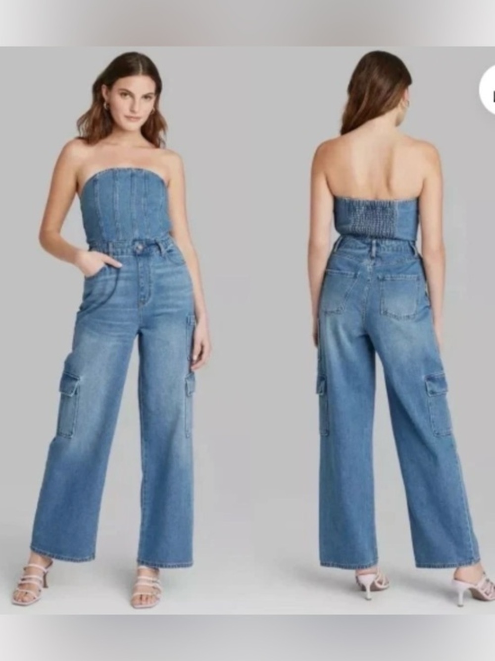 Wild Fable denim blue jeans strapless corset wide leg cargo jumpsuit western Sm